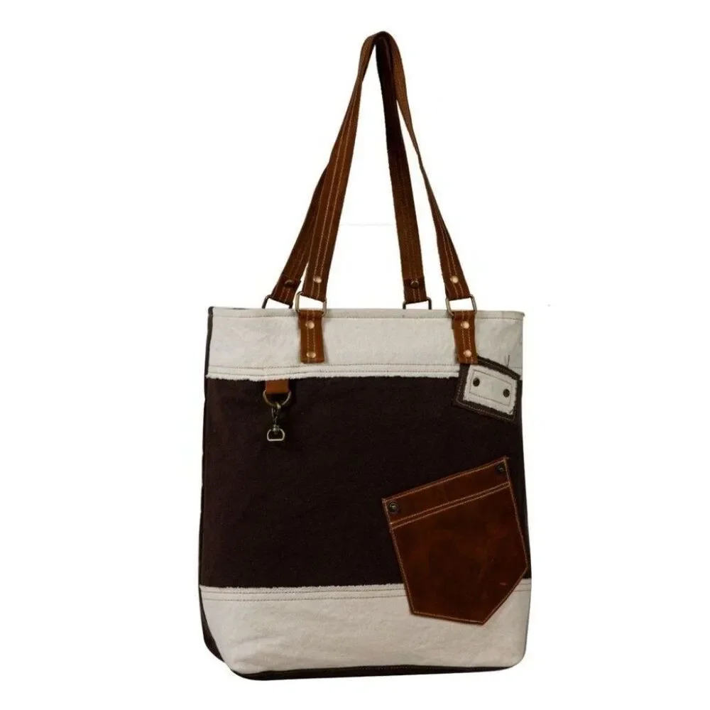 Myra Bag Handmade Designer Tote Bag Upcycled Canvas & Cowhide Leather